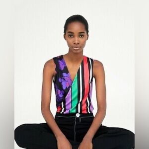 NWOT Zara Black Red Purple Striped Floral Sleevless Bodysuit Leotard Top Small S